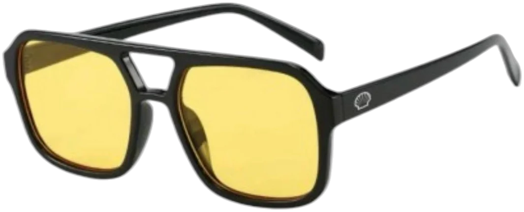 Óculos de armação preta com lentes amarelas e a concha da Shell na haste